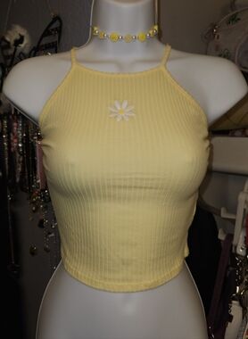 Yellow Ribbed Tank Top with Daisy Embroidery
